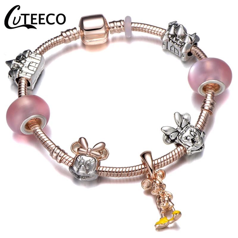 CUTEECO розовое золото кулон Микки Минни Шарм браслет серебряный цвет Замок бусины