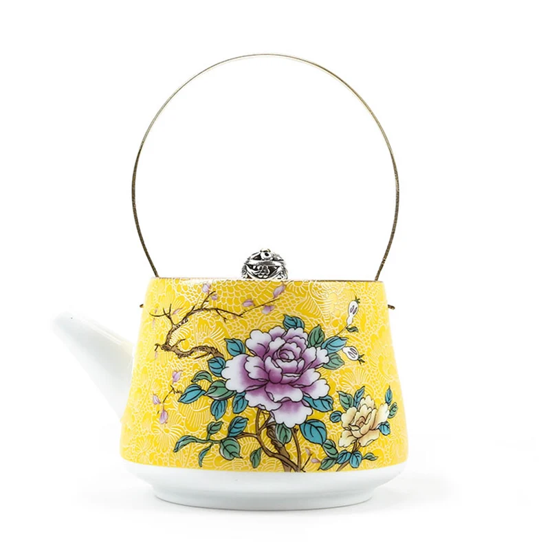 

240ml Boutique Famille Rose Porcelain Peony Teapot Chinese Kung Fu Tea Set Brew Tea Maker Ceramics Crossbeam Pot Creative Kettle
