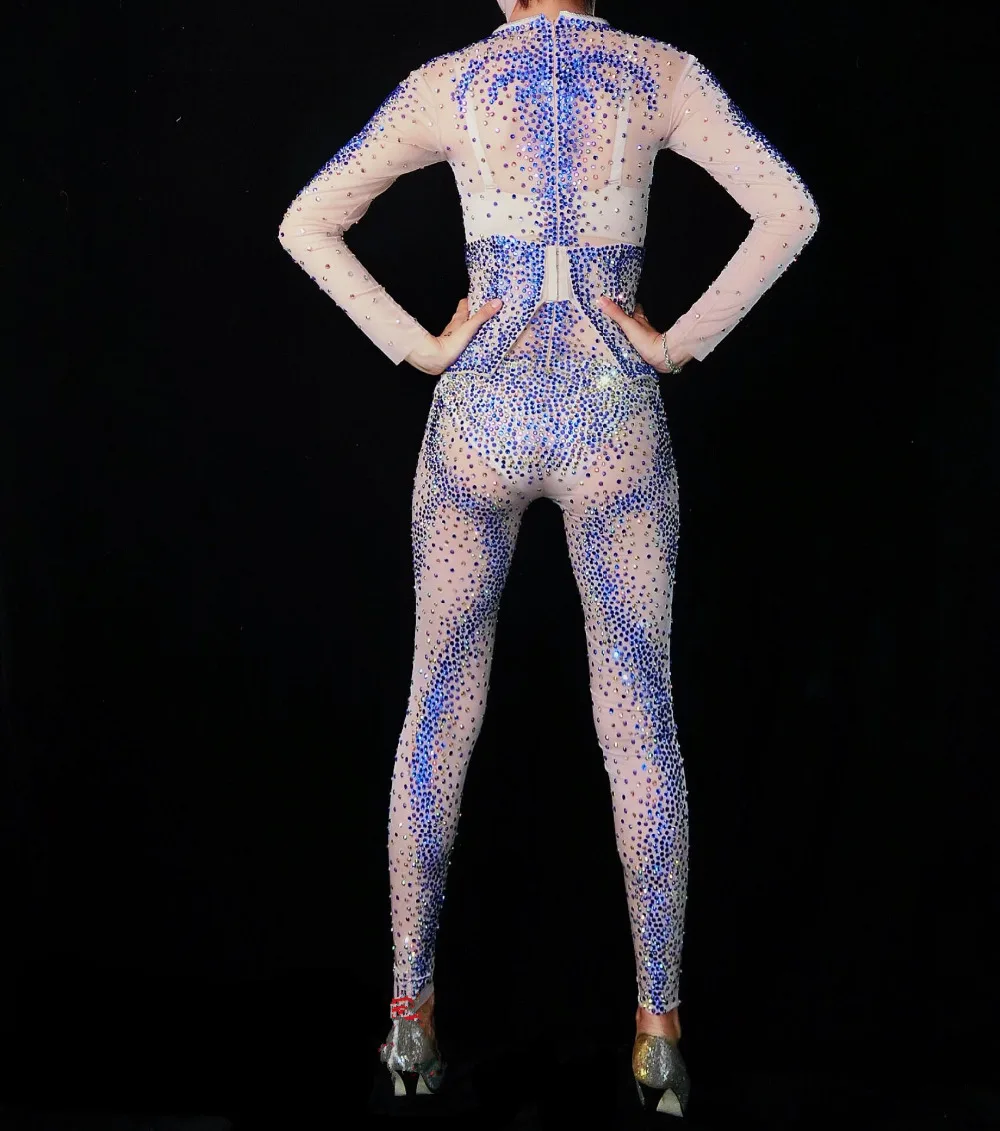 

Pink White Blue Rhinestones Mesh Jumpsuit Sparkly Crystals Perspective Bodysuit Nightclub Stage Outfit Female Singer DS Costume