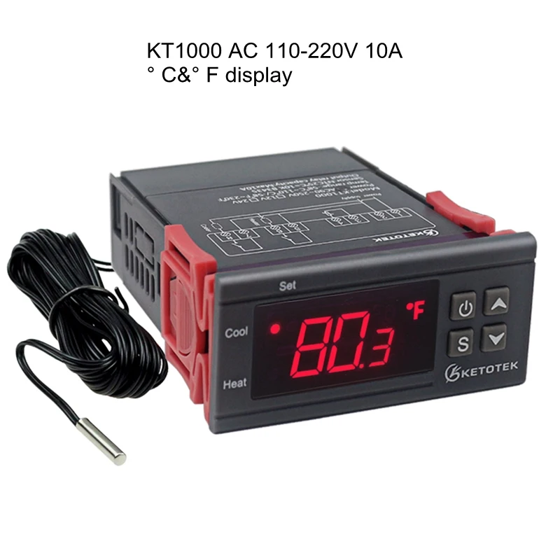 KT1000 110-220V 10A реле термостат для инкубатора 110~ 220VAC 12V 24V Цифровой Температура регулятор два реле Выход с 1 м Сенсор - Цвет: KT1000 110-220V
