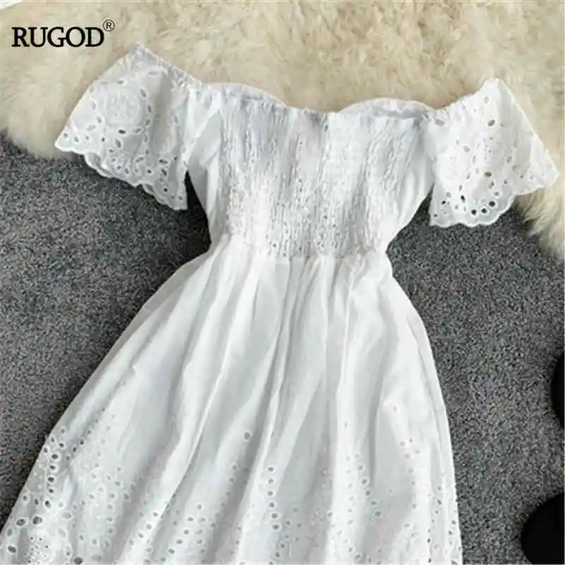 Белый Rugod корейский sumemr женский белый однотонный без бретелек с расклешенными рукавами супер фея mujer veranos повседневная женская одежда - Цвет: Белый