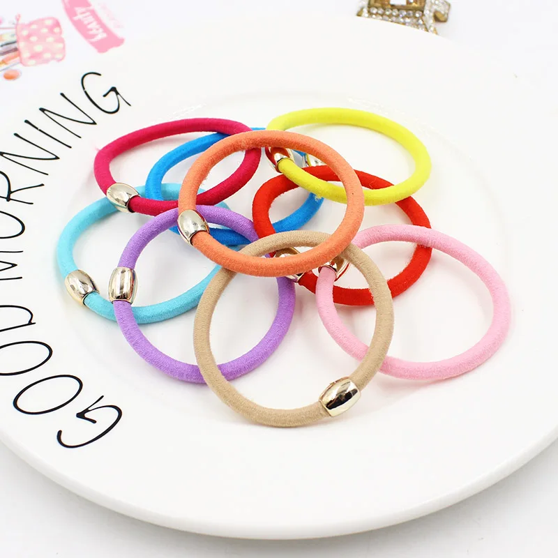 

10PCS/LOT Quality Ponytail Thick Elastic Rubber Bands Hair Accessories Black Colorful Gold Plated Button Girl Women Hair Bands