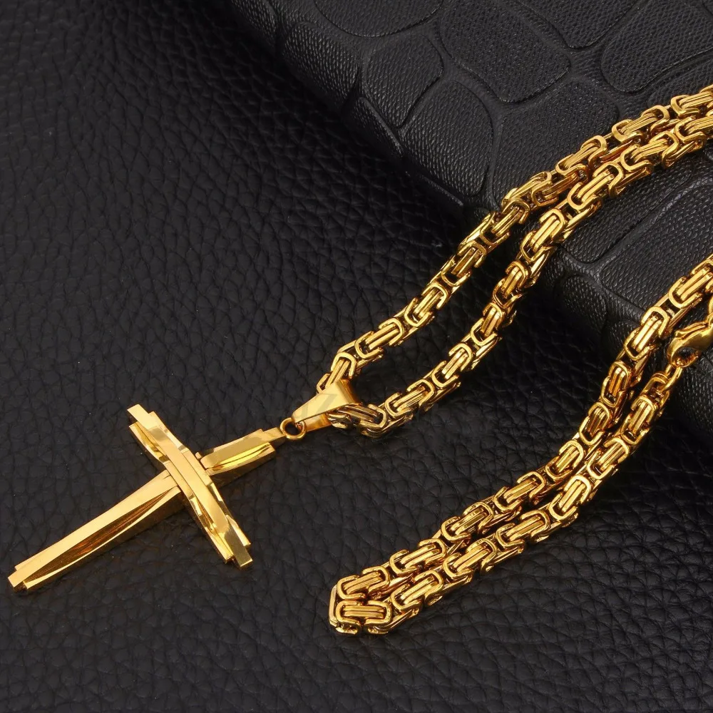 Cross Pendant Necklace Men Boy Gold Stainless Steel Chain Jewelry for 18&quot-30&quot | Украшения и аксессуары