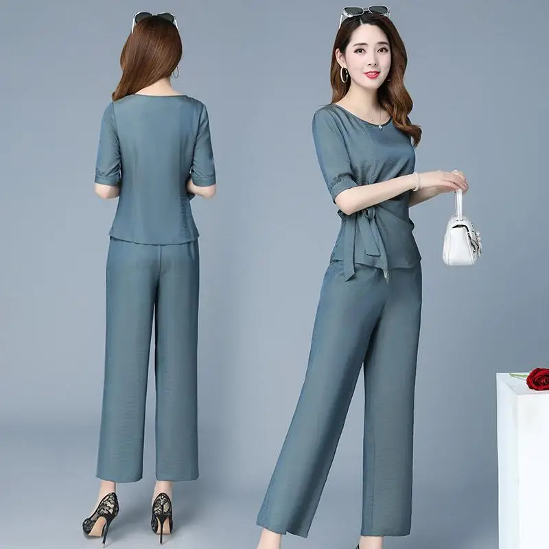

Fashion wide-legged pants two-piece summer wear new wealthy woman Korean style vouge solid suit blouse top pants clothing set