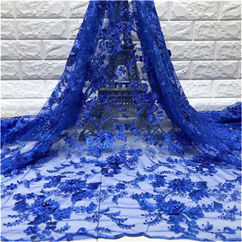 Синяя африканская французская кружевная ткань с камнями высококачественное