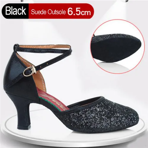 Black 6.5cm Indoor Бальные, вечерние, современные танцевальные туфли для женщин, девушек, низкий каблук, вальс, танго, танцы, для улицы, закрытый носок, обувь для сальсы - Цвет: Black 6.5cm Indoor