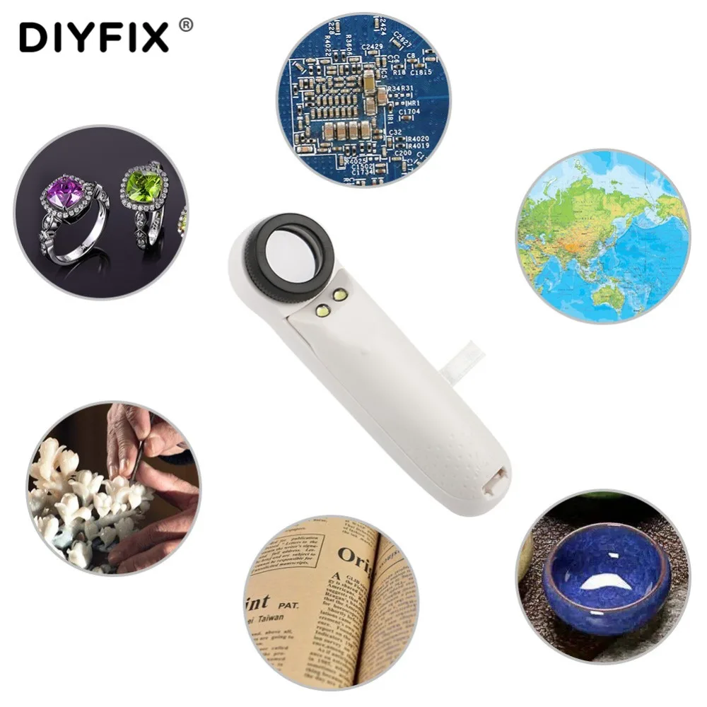 DIYFIX 2 светодиодный светильник ручная лупа для чтения оптическая Лупа 40X