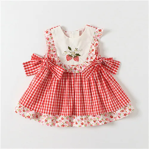 short sleeve red Платье для маленьких девочек, милые платья принцессы с вышивкой вишни, Детская летняя испанская одежда, платья из хлопка для новорожденных - Цвет: short sleeve red