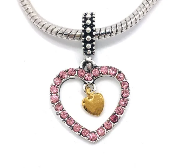 Free Shipping 2017 20pcs 32x19mm big hole double heart rhinestone pendant alloy beads fit European bracelet &amp necklace DIY | Украшения и