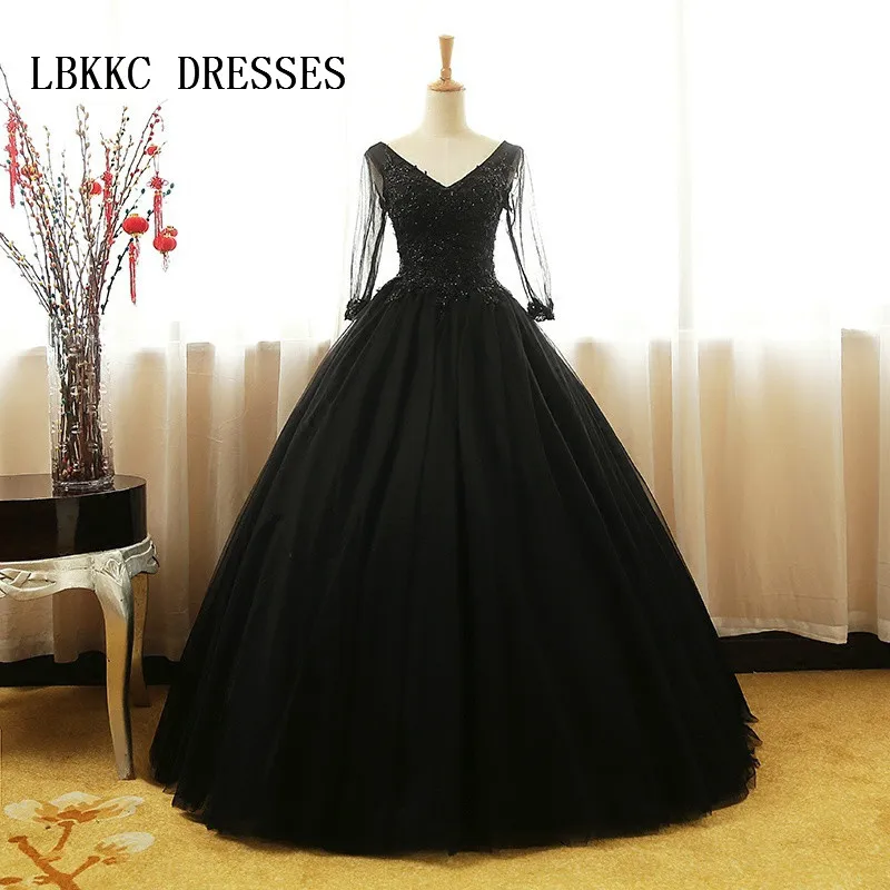 Черное платье Quinceanera бальное с длинным рукавом и бисером 16 платьев 15 Anos Quinceanera|black