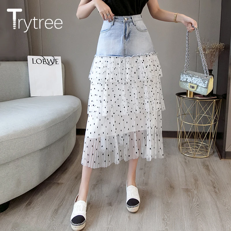 Trytree Летняя женская юбка с каскадными оборками карманами Джинсовая в стиле