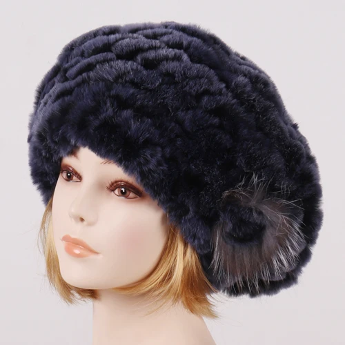 dark blue Новая женская вязаная Настоящий мех кролика шапка натуральный мягкий Настоящий мех кролика шапки женские зимние теплые Настоящий мех кролика шапки - Цвет: dark blue