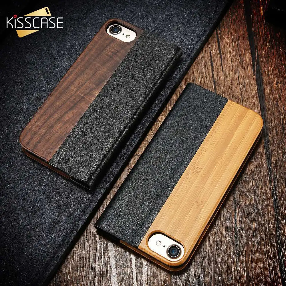 Kisscase Флип кошелек для iPhone 6 6S 7 8 Plus Cover Ретро натуральный корпус из натурального