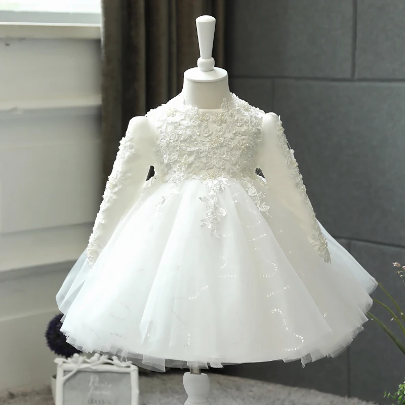 Sequin Tulle Baby Girl Dresses Newborn 1st Birthday Dress Long Sleeve Little Girl Party Dress Infant Baptism Christening Gown