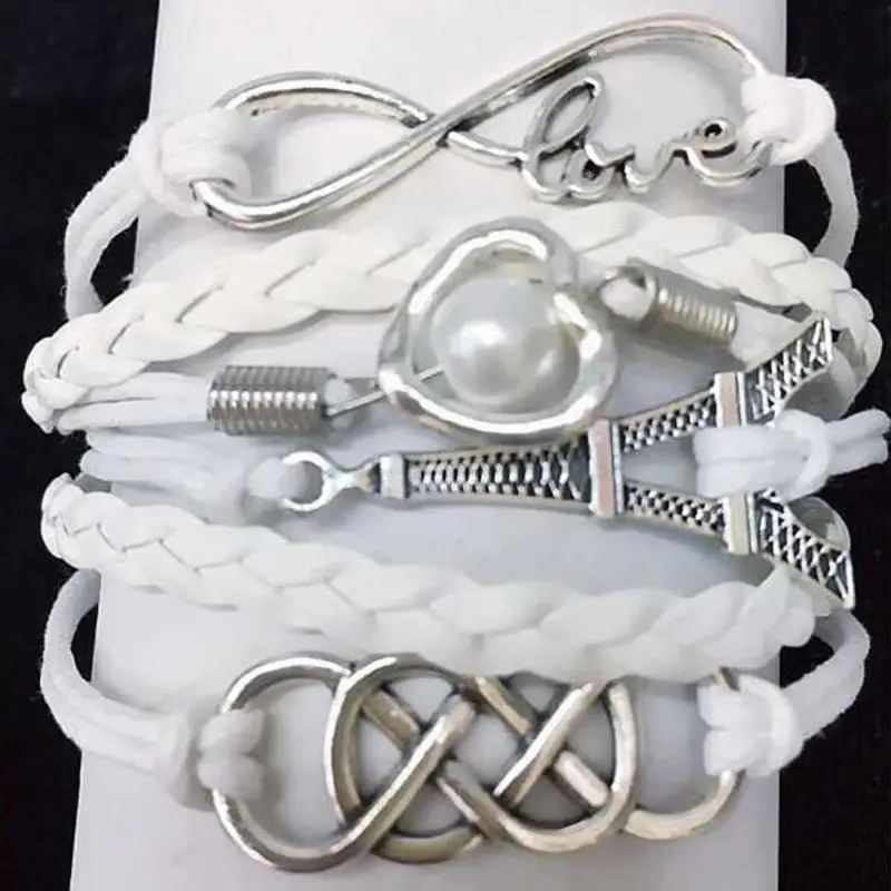 Женский кожаный браслет с шармами изображением Эйфелевой башни в виде сердца и