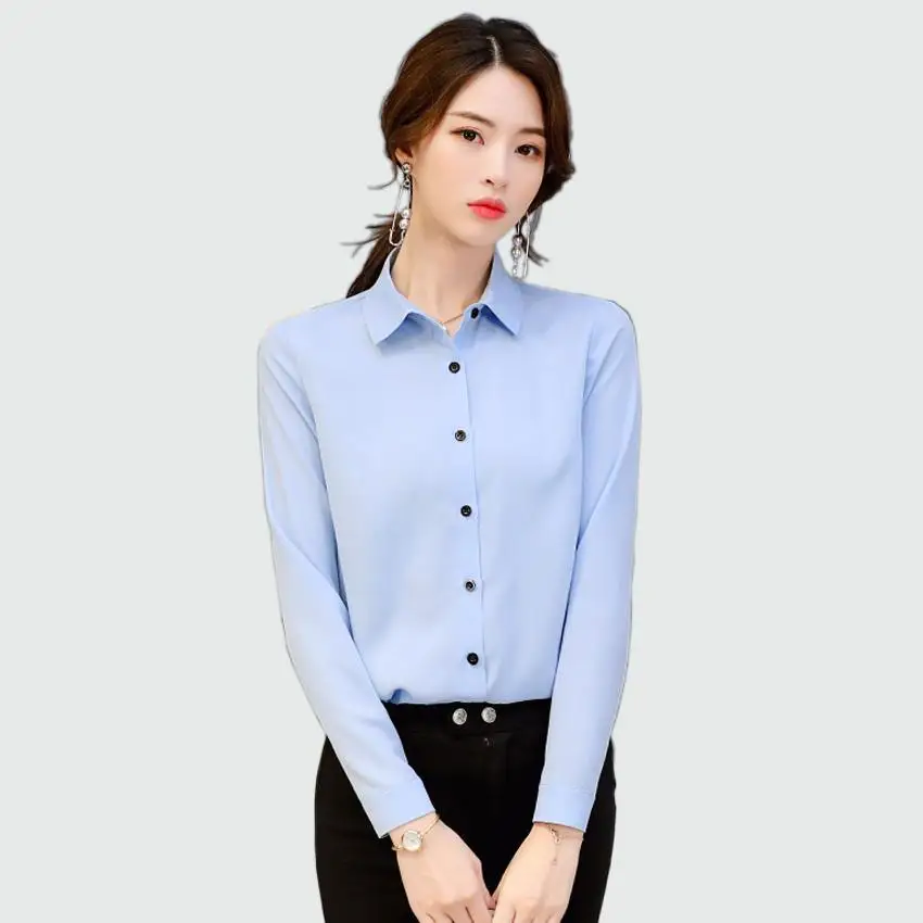 Baby blue Женская шифоновая блузка с длинным рукавом, Офисная Женская Весенняя летняя блуза размера плюс, Ol стильные рубашки Blusas Chemise Femme - Цвет: Baby blue