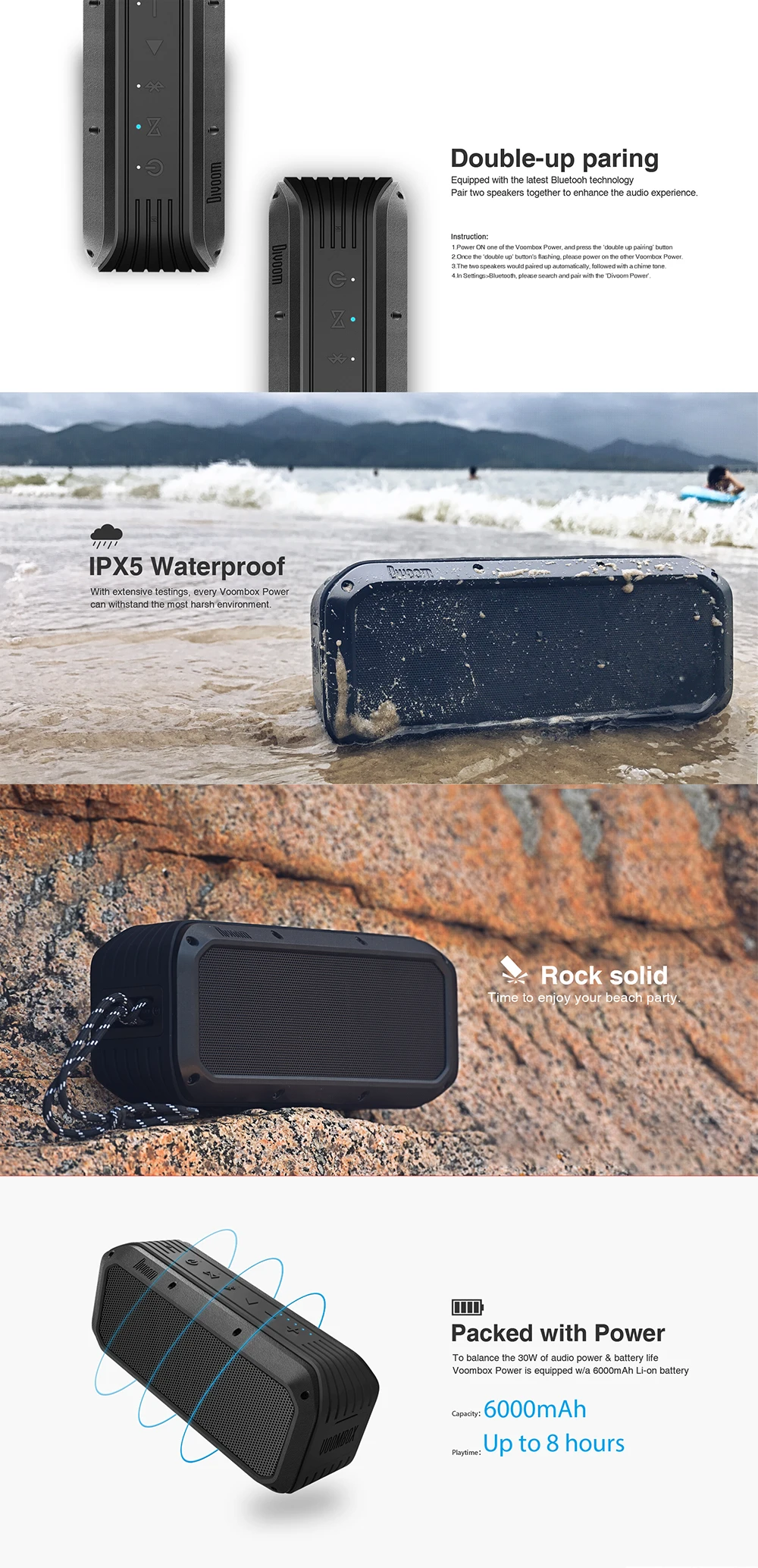 Портативная Bluetooth Колонка Divoom Voombox, Беспроводная колонка TWS, 30 Вт, тяжелый бас, NFC, 10 м, с 6000 мАч и водонепроницаемостью IPX5