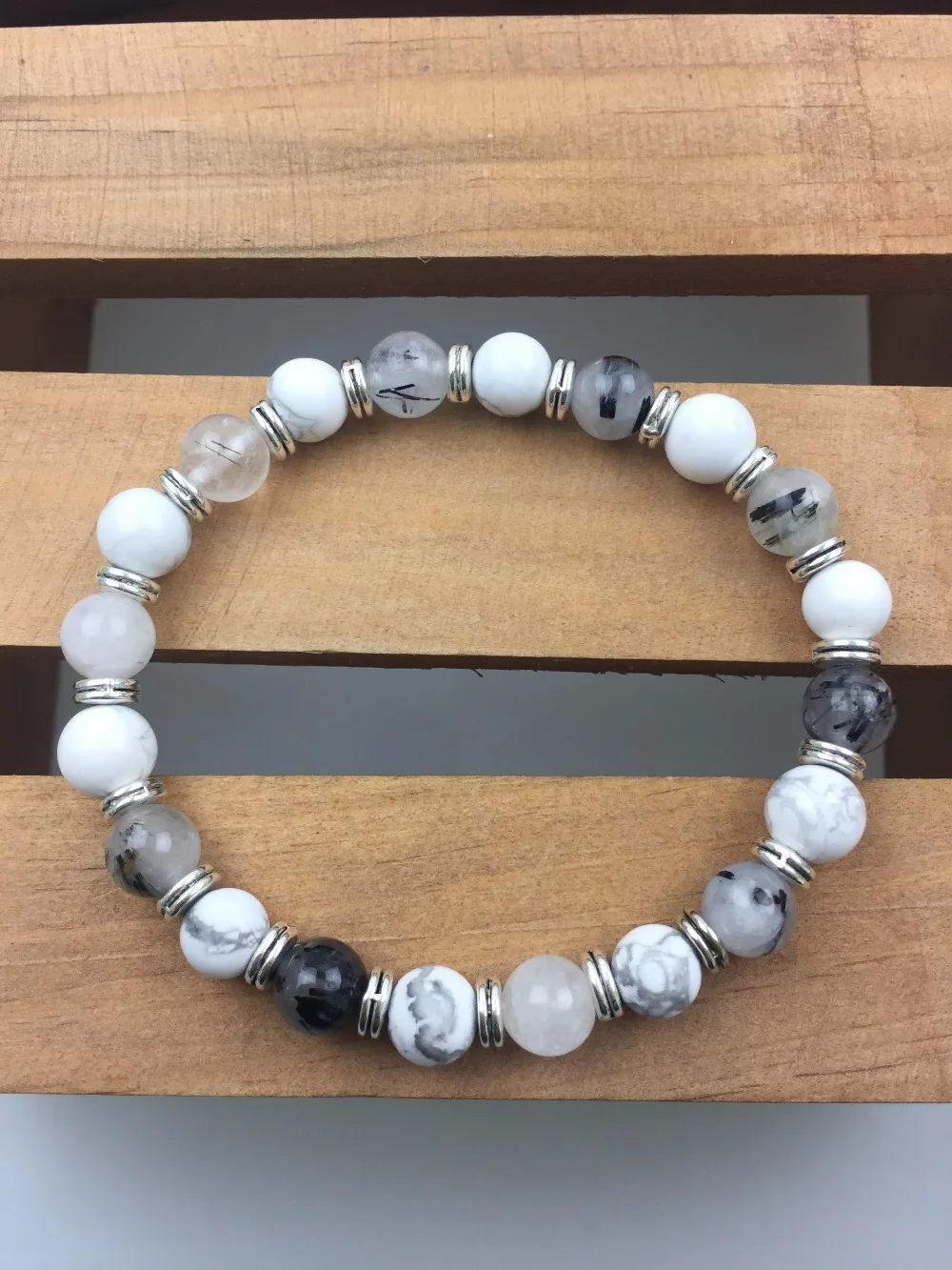 Natural Rutilated Quartz White Howlite Bracelet Round Bead Fashion Men's Bracelets Sports Yoga Mala Beads | Украшения и