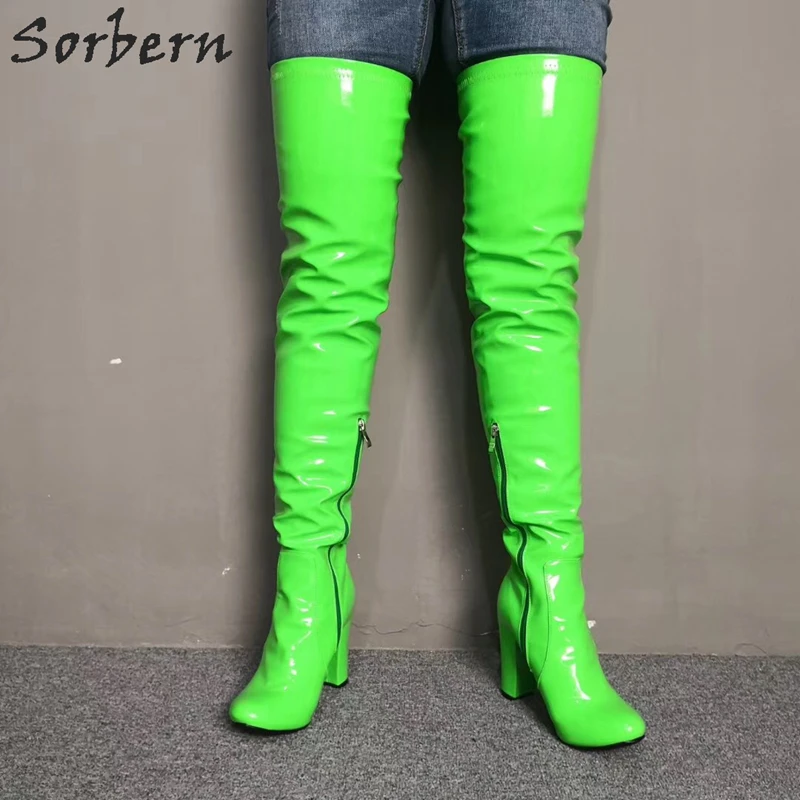 Sorbern Neon Green/женские облегающие высокие сапоги на блочном каблуке; Модные женские облегающие расклешённые сапоги