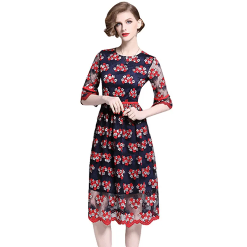 

YUZACDWX 2019 Fashion Runway Casual Summer Dress Women's Half Sleeve Mesh holiday Party Elegant embroidery Dress Vestido