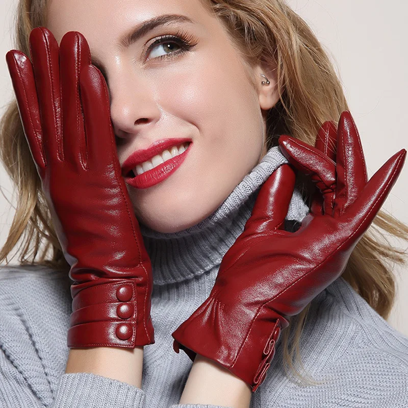 Кожаные перчатки, женские зимние перчатки из овчины, толстые теплые кожаные перчатки MLZ014