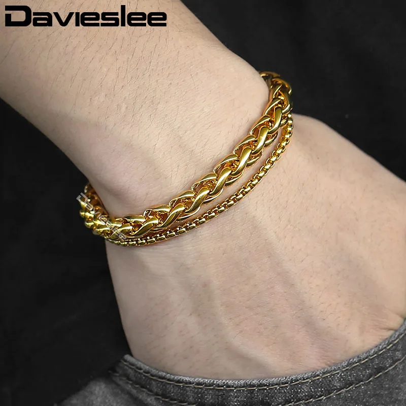 Davieslee, Двойные цепи, браслеты для мужчин, пшеница, Снаряженная, кубинское звено, полированный, мужской браслет, цепь, нержавеющая сталь, ювелирное изделие, 8 мм, LDBM01C