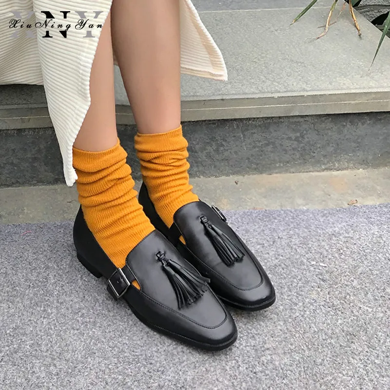 

XiuNingYan Loafers for Women Flats Genuine Cow Leather Fashion Fringe Slip on Shoes Dress Square Toe Ladies Flats Sheepskin