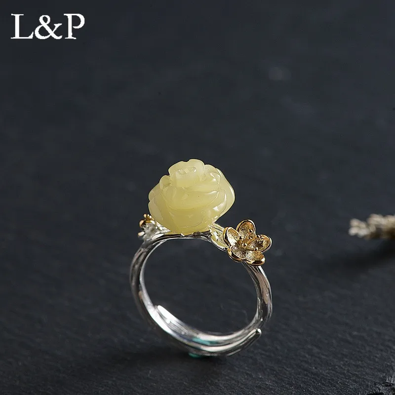 

L&P Elegant Natural Beeswax Ring For Lady Authentic 925 Sterling Silver Inlay Gemstone Adjustable Ring Fine Jewelry For Gift