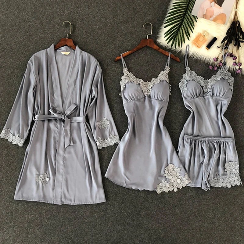 

Red Nightwear Set Ladies V-neck sill Pajama Set Bathrobe Nighties Nightgowns Sexy Women Sleepwear Home Wear Red Blue Pink Gray