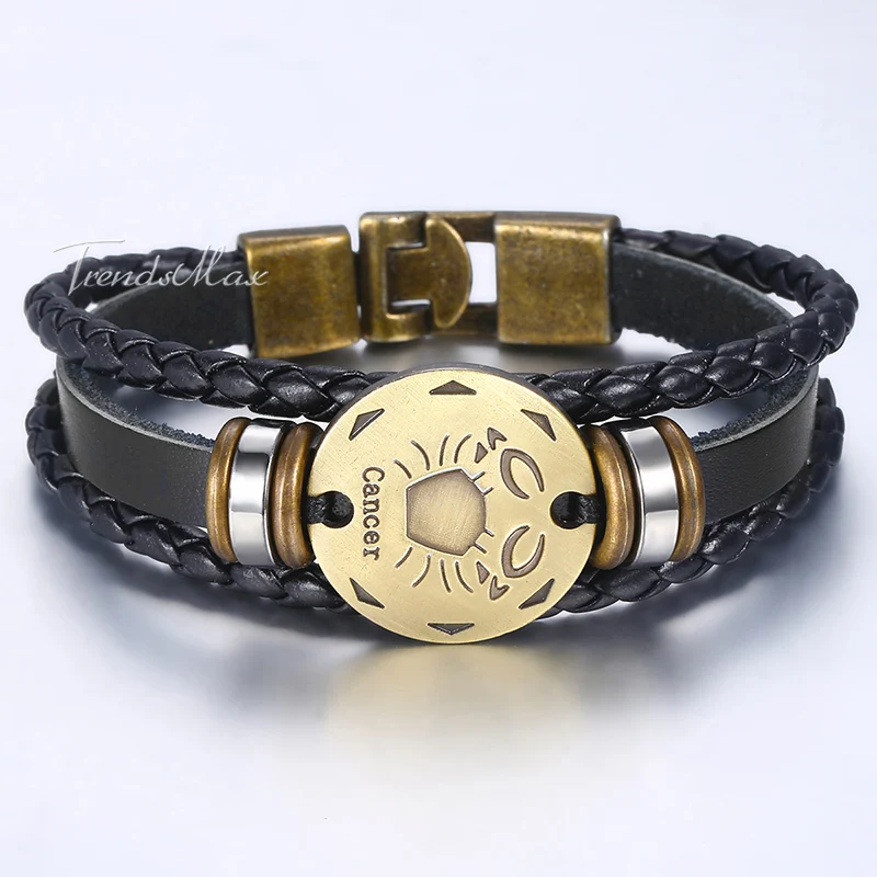 Men's 12 Zodiac Sign Horoscope Leather Bracelet 2018 Vintage Retro Charm Male Bracelets Wholesale Jewelry Gifts For Men HLBM136A |