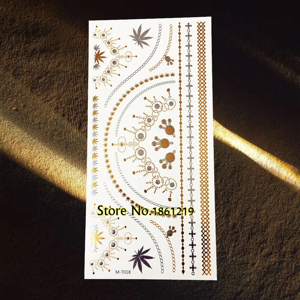 

1PC Fashion Flash Metallic Waterproof Tattoo stickers GGM-T016 Gold Silver Wave Flower Bracelet Chain Body Art Temporary Tattoos