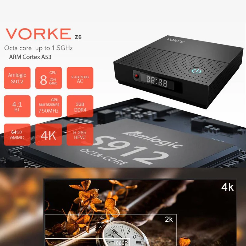 ТВ приставка VORKE Z6 Plus Android 7.1.2 Smart TV BOX Amlogic S912 3 ГБ DDR3 32 Гб eMMC 4K 5 0 AC WIFI 1000M Bluetooth 4 1|tv box