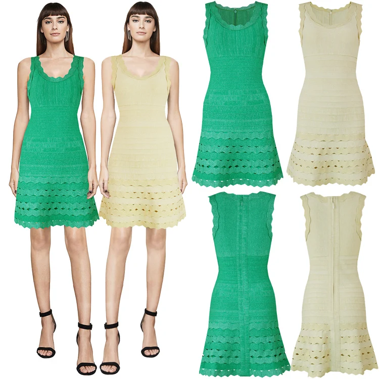 

O neck Green yellow Hollow Out Sleeveless High Quality sexy women 2018 Rayon Bandage Dress Evening Party Bodycon Dress