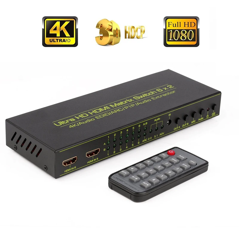 Матричный Коммутатор HDMI (6 Вход 2 Выход) аудио эксрактор с удаленным Управление