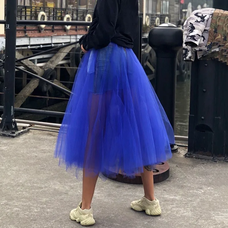 blue TWOTWINSTYLE, джинсовые юбки для женщин, высокая талия, пэтчворк, сетка, миди, бальная юбка, женская, повседневная, модная, Корейская, весна - Цвет: blue