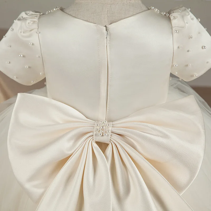 

White Pearls Princess Dress Beading Short Sleeve Flower Girl Dresses for Wedding Ball Gown Big Bowknot Kids Party Vestidos B339