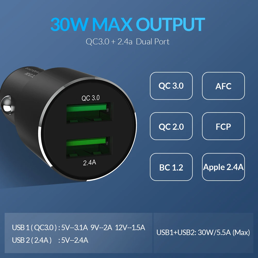 Автомобильное зарядное устройство TOPK с двумя USB портами Quick Charge 3.0A|Зарядные