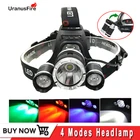 Светодиодный налобный фонарь Uranusfire 3 * T6 XPE, 18650 лм, Передний фонарь с аккумулятором, красный, зеленый, УФ светодиодный налобный фсветильник