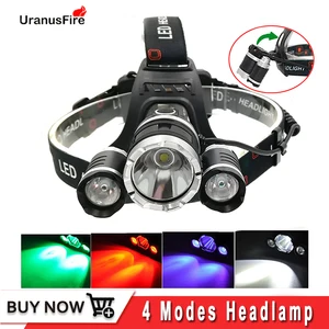 Светодиодный налобный фонарь Uranusfire 3 * T6 XPE, 18650 лм, Передний фонарь с аккумулятором, красный, зеленый, УФ светодиодный налобный фсветильник