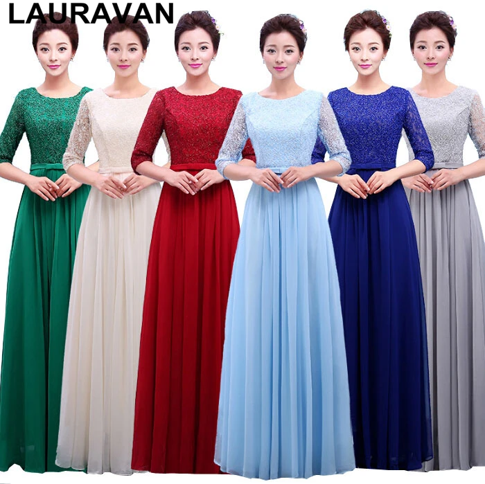

long chiffon and lace wine red blue green ladies floor length bridesmaid brides maid dresses under 100 with long sleeves gown
