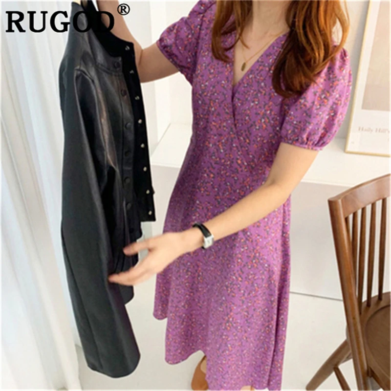 Женское платье с v образным вырезом RUGOD фиолетовое средней длины рукавами