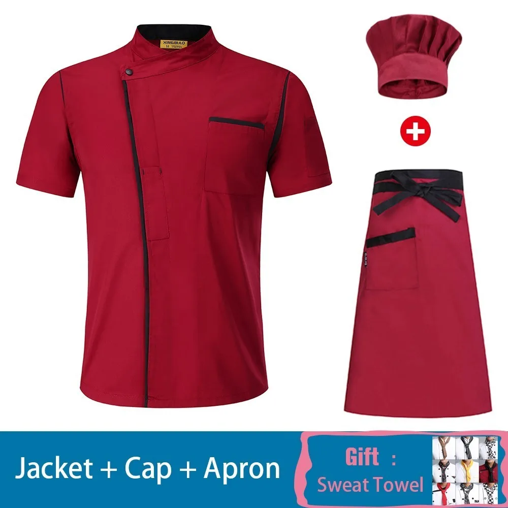 Red Set 1 Мужская кухонная куртка с коротким рукавом фартук шляпа столовая Ресторан униформа для гостиничного шеф-повара кафе парикмахерские салон Рабочая Рубашка - Цвет: Red Set 1