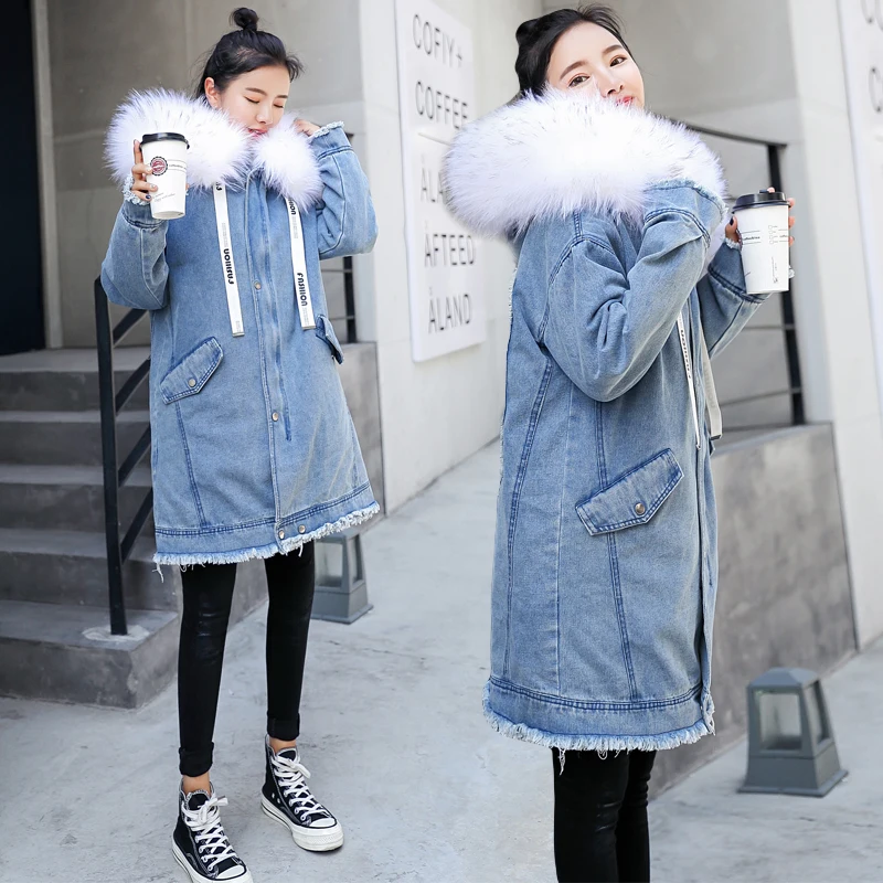 White fur collar Новинка, теплая зимняя женская куртка-бомбер, джинсовое пальто с капюшоном, джинсовые куртки из плотного хлопка, длинная Базовая женская верхняя ветровка, женская большая - Цвет: White fur collar