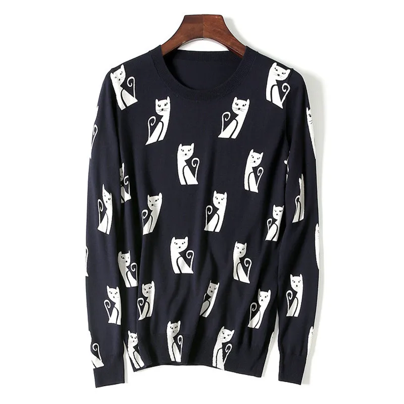 new arrival wool knit women fashion cartoon cat short pullover sweater Oneck dark blue M/XL | Женская одежда