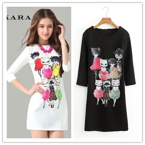 Free shipping hot sale 2014 summer new European and American cartoon cat pattern solid color round neck women's dress P10-05 | Женская