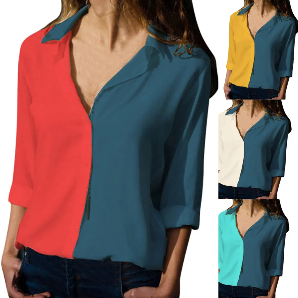 

FREE OSTRICH Women Shirts Two-sided solid color stitching Full V Neck Splice Casual Temperament Elegant Summer Blouse Shirts