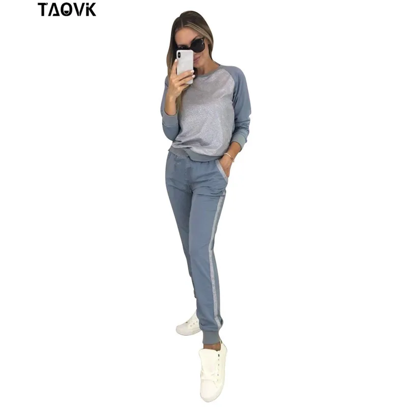 Блестящие лоскутные хлопковые костюмы TAOVK, спортивные костюмы светло-голубого цвета, комплекты из пуловера и брюк, одежда для весны и осени