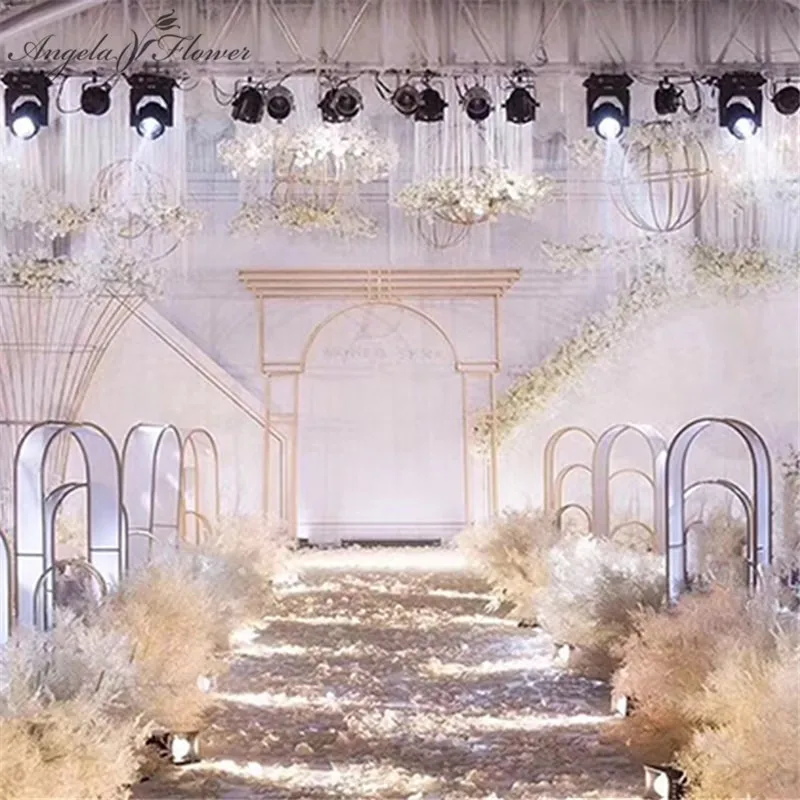 Wedding props wrought iron PVC wedding arch backdround arfificial flower stand road stage decor ornaments white pink gold frame
