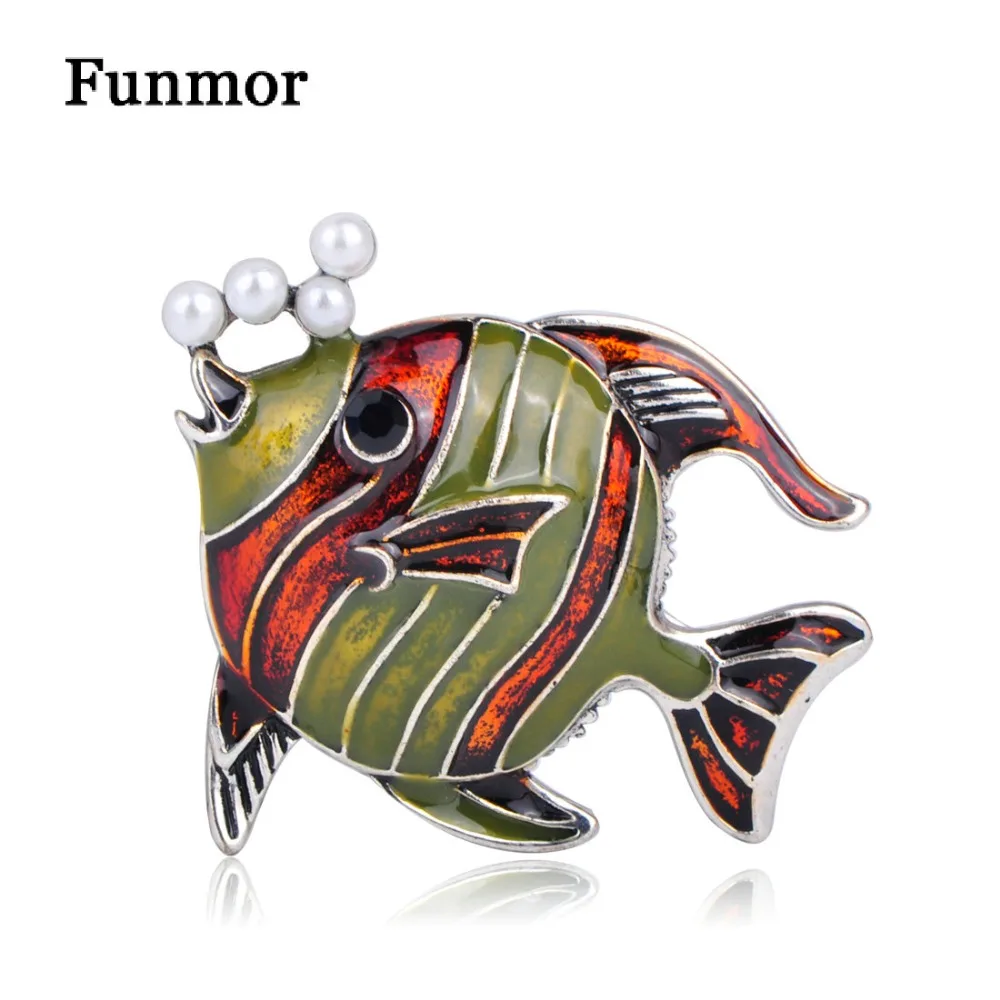 

FUNMOR Imitation Pearls Bubble Fish Brooch Vintage Enamel Animal Brooches For Women Men Beach Holiday Jewelry Collar Hijab Pins