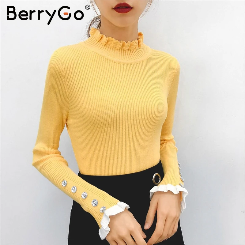 BerryGo Black ruffled women knitted sweater Long sleeve striped button female pullover jumper Turtle neck office ladies sweaters | Женская
